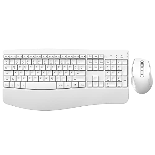 Tastatur Maus Set Ergonomisch, 2.4GHz Kabellose Tastatur und Maus, seenda Fullsize Tastatur mit Handgelenkauflage und Nummernblock, DE QWERTZ Layout, Wireless Combo für Windows PC, Laptop, Weiß von seenda