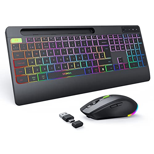 seenda 2.4 G kabellose Tastatur und Maus-Kombination mit Regenbogen-Hintergrundbeleuchtung, volle Größe mit 2-in-1 USB-C & USB-A Dongle und Handgelenkauflage, Schwarz von seenda