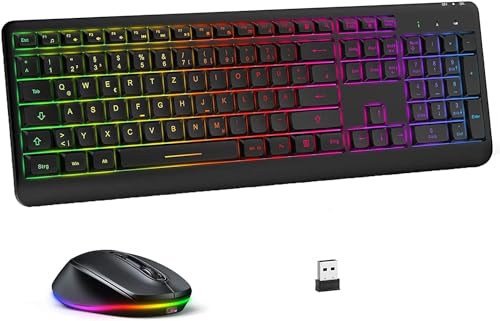 seenda Kabellose Tastatur und Maus beleuchtet, Wiederaufladbare Funktastatur mit Maus mit Regenbogen-Hintergrundbeleuchtung für PC/Laptop/MacBook, USB Verbindung, QWERTZ Layout(Schwarz) von seenda