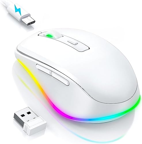 seenda Maus Kabellos LED, Wiederaufladbare Kabellose Maus mit Maus Jiggler, Leise 2.4G USB Funkmaus für Laptop, Computer Wireless Mouse Beleuchtet DPI 2000 für PC, Windows, MAC OS,Weiß von seenda