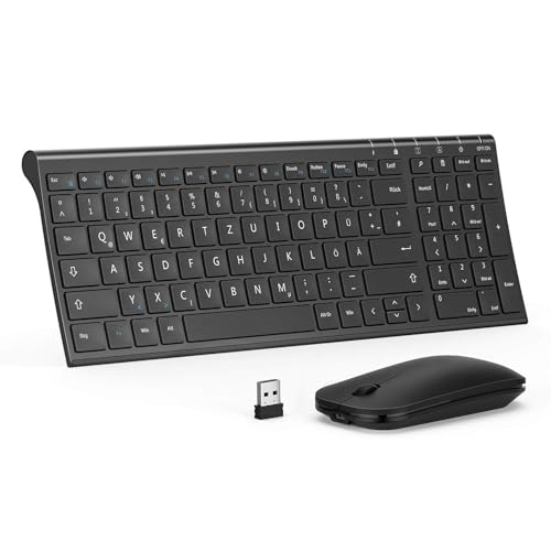 seenda Tastatur Maus Set Kabellos, Wiederaufladbare Aluminium Tastatur mit kompaktes Design, Ultradünne und Leise Funktastatur mit Maus für PC/Laptop/Smart TV, 1200 DPI, QWERTZ Layout, Schwarz von seenda