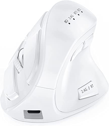 seenda Vertikale Ergonomische Kabellose Maus(Dual Bluetooth +2.4G Wiederaufladbare Gaming Funkmaus, Multi-Device Wireless Mouse für Laptop/PC/Mac/Tablet/iPad(Windows/Android/iOS), Weiß&Silber von seenda