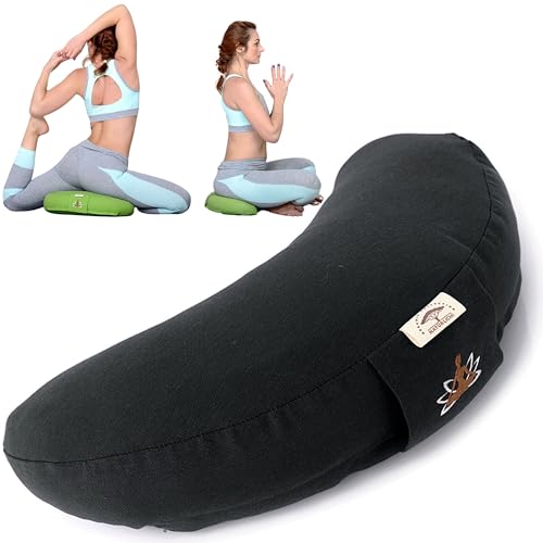 sei Design Halbmond Yogakissen Meditationskissen Yoga Kissen mit Buchweizenschalen-Füllung Yoga Block Bodenkissen groß Meditation Sitzkissen 46x25x10 Schwarz von sei Design