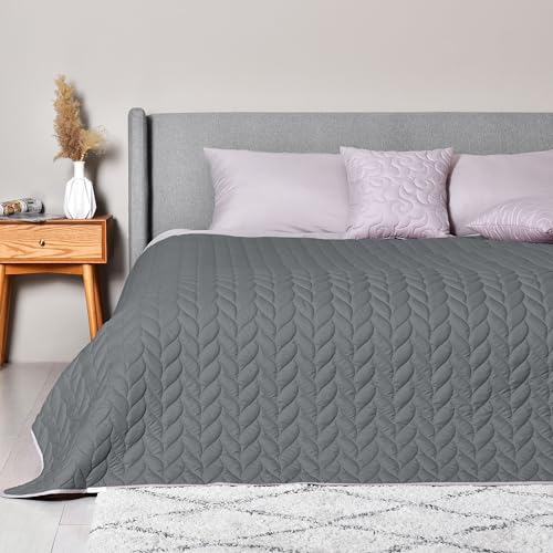 sei Design Luxus Tagesdecke Moderne Steppdecke Wohndecke Überwurf Sofadecke (Zopf-Steppung Anthrazit/Grau, 220 x 240 cm) von sei Design