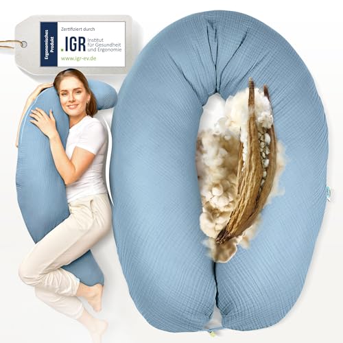 sei Design Natur-Stillkissen XXL mit Musselin Bezug GOTS Bio-Baumwolle & Oeko-TEX Kapok | Füllmenge anpassbar | IGR Ergonomie geprüft & empfohlen | 100% Plastikfrei von sei Design