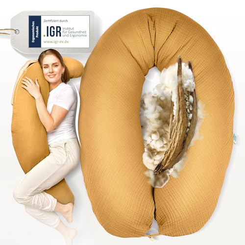 sei Design Natur-Stillkissen XXL mit Musselin Bezug GOTS Bio-Baumwolle & Oeko-TEX Kapok | Füllmenge anpassbar | IGR Ergonomie geprüft & empfohlen | 100% Plastikfrei von sei Design