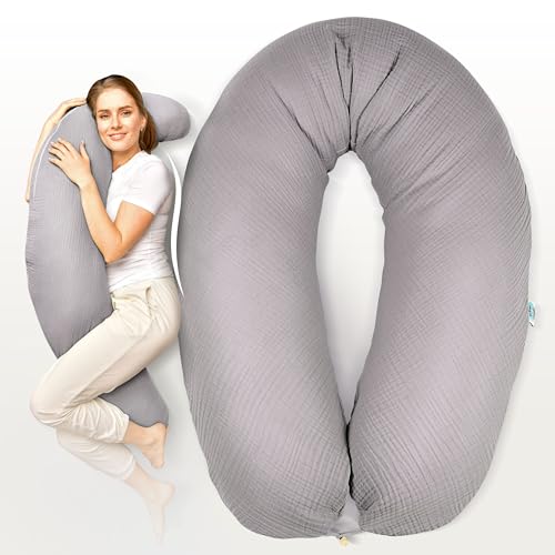 sei Design Stillkissen XXL Mikroperlen-Füllung mit Musselin-Bezug aus Baumwolle [100% Bio-Baumwolle ], Lagerungskissen Schwangerschaftskissen Seitenschläferkissen 190x30 cm groß von sei Design