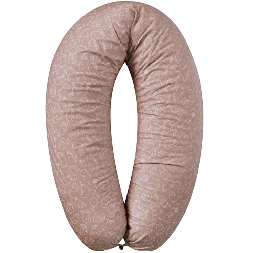 sei Design Stillkissen XXL Mikroperlen-Füllung, Lagerungskissen Schwangerschaftskissen Seitenschläferkissen 190x30 cm groß, Baumwollbezug (Bezug Katzen Mocca Holzknopf, Füllung EPS Mikroperlen) von sei Design