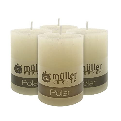 Müller Kerzen POLAR Stumpenkerzen mit Raureif-Effekt - Set mit 4 Rustikale Kerzen - Elfenbein - 68 x 100 mm - Lange Brenndauer 46 Stunden - Duftneutral - Tropfenfrei - RAL Qualität Müller Kerzen POLAR Stumpenkerzen mit Raureif-Effekt - Set mit 4 Rustikale Kerzen - Elfenbein - 68 x 100 mm - Lange Brenndauer 46 Stunden - Duftneutral - Tropfenfrei - RAL Qualität von seit 1744 müller KERZEN