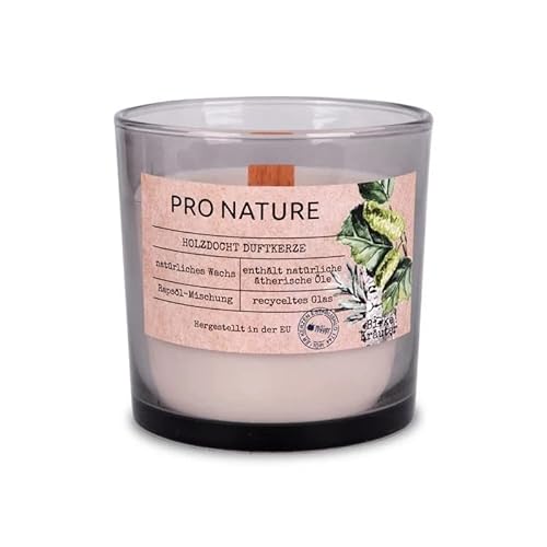 Müller Kerzen PRO NATURE Duftkerze im Glas mit Holzdocht und Rapswachs - Birke & Kräuter Duft - Enthält natürliche ätherische Öle und Rapsöl - 40 Stunden Brenndauer - Recyceltes Glas - 1er Pack von seit 1744 müller KERZEN