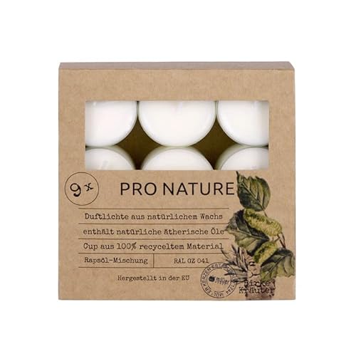 Müller Kerzen PRO NATURE Duftlichte mit Rapsöl - Birke & Kräuter - 9er Pack - 6 Stunden Brenndauer - Teelichter aus Natürlichem Wachs, Ätherischen Ölen - Hülle 100% recyceltes Material von seit 1744 müller KERZEN