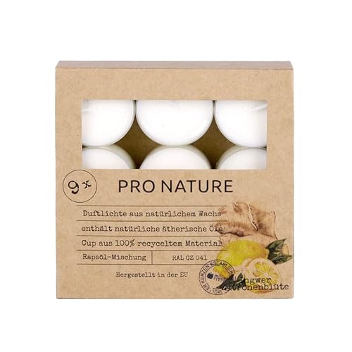 Müller Kerzen PRO NATURE Duftlichte mit Rapsöl - Ingwer & Zitronenblüte - 9er Pack - 6 Stunden Brenndauer - Teelichter aus Natürlichem Wachs - Hülle 100% recyceltes Material von seit 1744 müller KERZEN