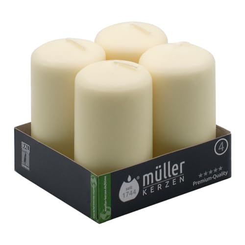 Müller Stumpenkerzen - Creme/Elfenbein - 4 Stück - Ø 48 · 90 cm - Brenndauer 16 Stunden - Unparfümierte - Deko, Kerzen für Haushalt, Feiern und Gastronomie von seit 1744 müller KERZEN