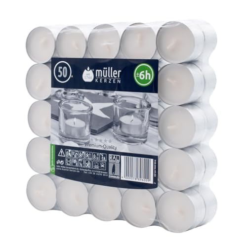 Müller - Teelichter - Packung mit 50 Stück - 6 Stunden Brenndauer - Weiß - Unparfümiertes Wachs – Tropffrei Müller - Teelichter - Packung mit 50 Stück - 6 Stunden Brenndauer - Weiß - Unparfümiertes Wachs – Tropffrei von seit 1744 müller KERZEN