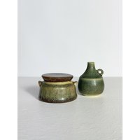 Paar Carl Harry Stalhane Miniature Stoneware Vase & Jar Rörstrand Schweden 1950 Keramik Minivasen von sellastudio