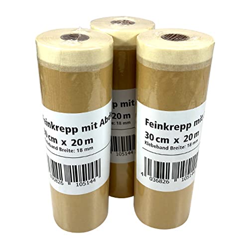 selmundo 3 x Feinkrepp/Malerkrepp mit Abdeckpapier/Papier Masker Malerabdeckpapier/Papier-Abklebeband Papier, Abmessung:18mm x 30cm x 20m von selmundo