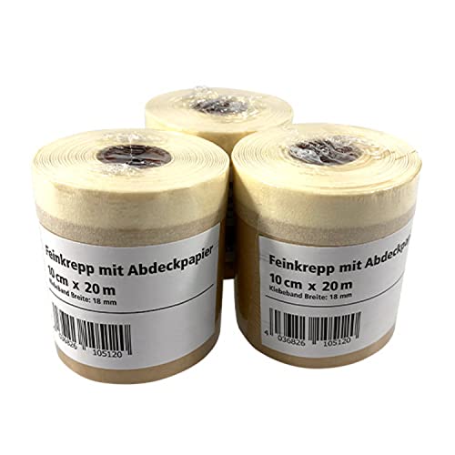 3 x Feinkrepp/Malerkrepp mit Abdeckpapier/Papier Masker Malerabdeckpapier/Papier-Abklebeband Papier, Abmessung:18mm x 10cm x 20m von selmundo