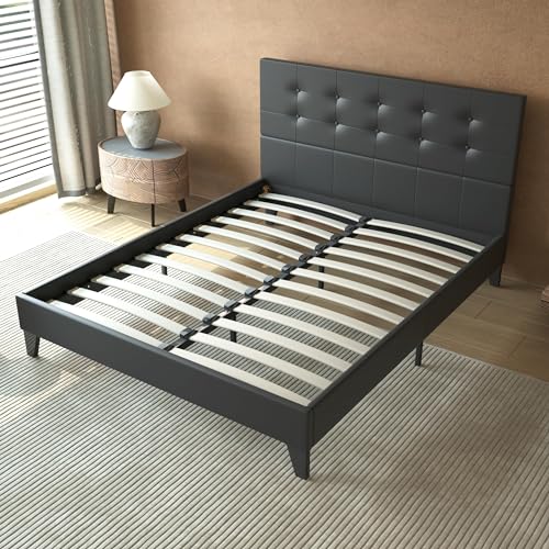 sensoreve Bett mit Lattenrost & Gepolstertem Kopfteil - Schwarz - 120x190 cm - Schwarzer Kunstlederbezug - Stabil und Robust mit Zentralen Verstärkungsfüßen von sensoreve