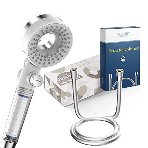 senstil® Premium Duschkopf mit Schlauch | bis zu 60% wassersparende Handbrause | 3 Strahl Modi | SPA, Regendusche, Booster | Optimaler Wasserdruck, Smart-Stop Taste spart Wasser & Energie (Weiss) von senstil