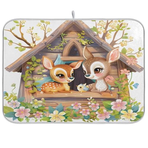 Geschirrmatte für Küchentheke, Märchen, niedliches Hirsch-Trockenpad, saugfähiges Abtropfgestell, Untersetzer, 45,7 x 61 cm von senya