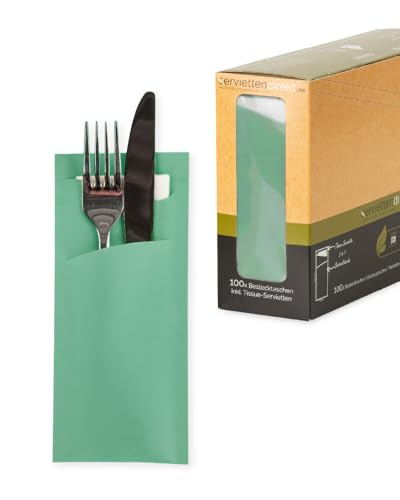 serviettendirekt.de ALLES FÜR DEN GEDECKTEN TISCH Bestecktasche Prime Fit in Eukalyptus 85 x 190 mm, mit weißer Tissue Serviette, Besteck Tasche 100 Stück von serviettendirekt.de ALLES FÜR DEN GEDECKTEN TISCH