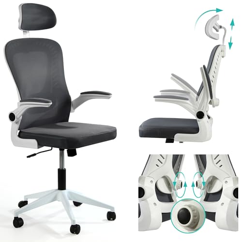 sesto senso Bürostuhl Dunkel Grau Ergonomisch mit Lendenwirbelstütze und klappbaren Armlehnen Chefsessel Verstellbarer Kopfstütze Graphit von sesto senso