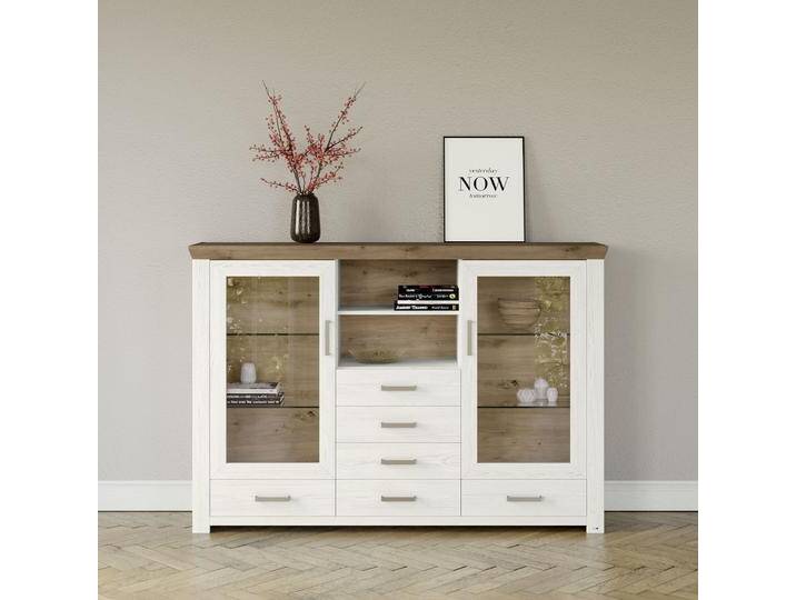 Highboard York , weiß (weiß, eiche), B:184cm H:127cm T:44cm, MDF, SET ONE BY MUSTERRING, Sideboards, Typ 56, mit Glastüren, Beleuchtung optional, B 184 cm von set-one-by-Musterring