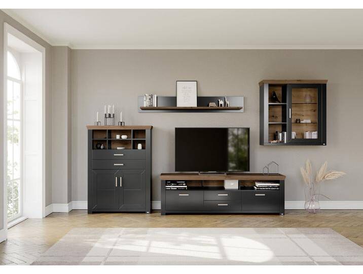 Wohnwand York , grau (grau, eiche), B:374cm H:207cm T:51cm, Spanplatte, SET ONE BY MUSTERRING, Kastenmöbel-Sets, Kombination 11, in 3 Farbvarianten, Gesamtbreite 374 cm von set-one-by-Musterring