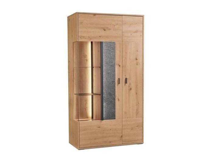 set one by Musterring Deltona Vitrine Type 03 oder 04 - optional mit LED-Beleuchtung - Eiche Artisan Nachbildung, Zierelement Black Pearl Sandstone , Glasausschnitt links , ohne Zusatzausstattung von set-one-by-Musterring