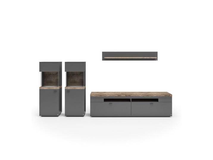 set one by Musterring Lancaster Wohnwand 278 - optional mit LED-Beleuchtung - Dekor grau anthrazit, Absetzung Eiche Ribbeck cognac Nachbildung, Klarglas , ohne Zubehör von set-one-by-Musterring