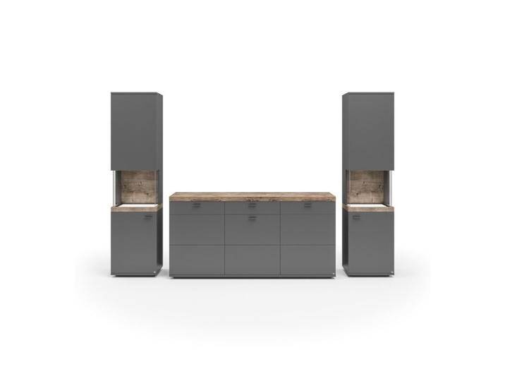 set one by Musterring Lancaster Wohnwand Type 280 mit Sideboard - optional mit LED-Beleuchtung - Dekor grau anthrazit, Absetzung Eiche Ribbeck cognac Nachbildung, Klarglas , inkl. Beleuchtung & Türdämpfer von set-one-by-Musterring