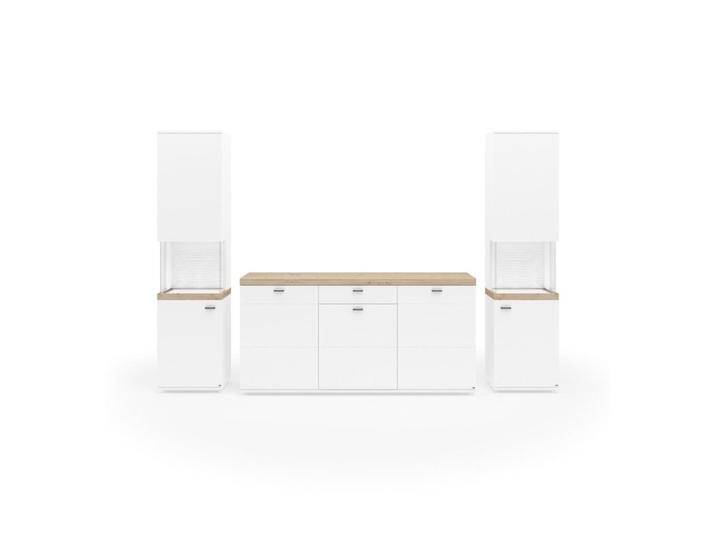 set one by Musterring Lancaster Wohnwand Type 280 mit Sideboard - optional mit LED-Beleuchtung - Dekor weiß matt, Absetzung Eiche Artisan Nachbildung, Klarglas , inkl. Beleuchtung & Türdämpfer von set-one-by-Musterring