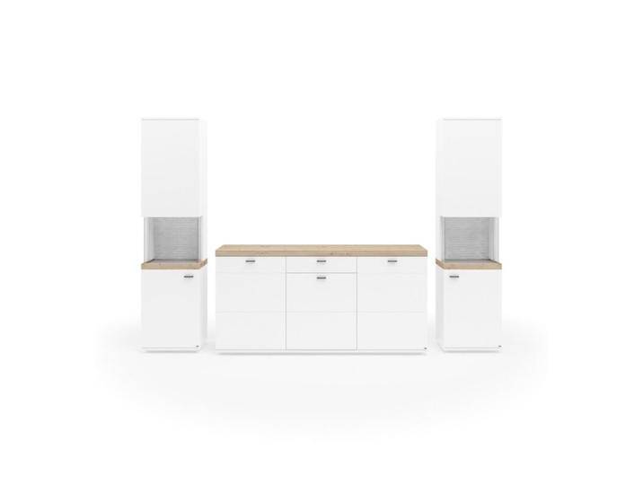 set one by Musterring Lancaster Wohnwand Type 280 mit Sideboard - optional mit LED-Beleuchtung - Dekor weiß matt, Absetzung Eiche Artisan Nachbildung, Klarglas , ohne Zubehör von set-one-by-Musterring
