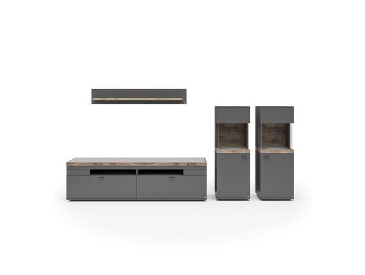 set one by Musterring Lancaster Wohnwand Type 78 - optional mit LED-Beleuchtung - Dekor grau anthrazit, Absetzung Eiche Ribbeck cognac Nachbildung, Klarglas , ohne Zubehör von set-one-by-Musterring