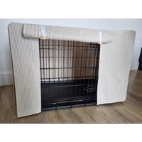 Hundeboxenabdeckung - Hundeboxentop Auf Maß Weiße Streifen in Neutraler Leinenoptik Hundeboxenabdeckung - Hundeboxentop Auf Maß Weiße Streifen in Neutraler Leinenoptik von sewnbylaurax