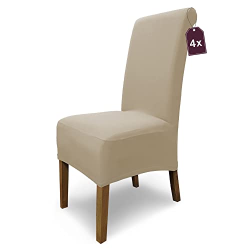 SCHEFFLER-Home 4X Stuhlhussen Stretch Emma/elastische Stuhlhussen Beige 4er Set/Stuhlhussen Baumwolle als Stuhlabdeckung/Stuhlhussen Schwingstühle/Stuhl Hussen Stretch als Stuhlüberzug von sh SCHEFFLER-HOME LIVE HOMESTYLE