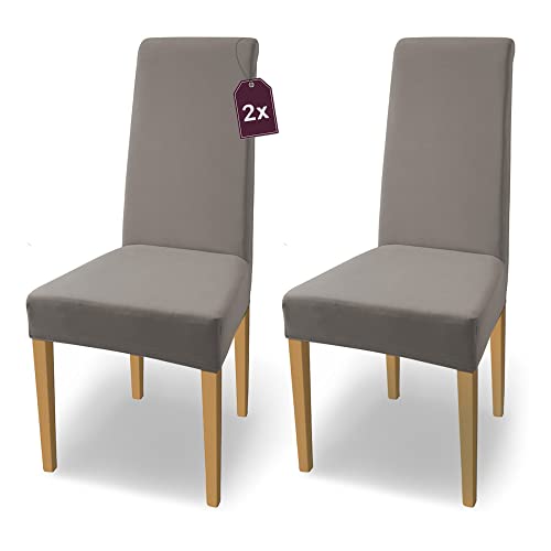 SCHEFFLER-Home Natalie Stretch Stuhlhussen Baumwolle/Stuhl Hussen Taupe/Stuhlüberzug 2er Set/Stuhlabdeckung/Stuhlhussen Schwingstühle waschbar/eleganter Spann-Stuhlüberzug Hochlehner von sh SCHEFFLER-HOME LIVE HOMESTYLE