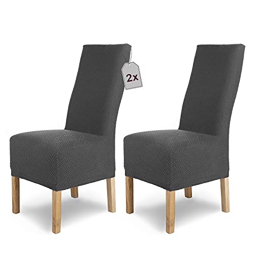 SCHEFFLER-Home Stuhlhussen Stretch Luna-Lang/Stuhlüberzug 2er Set Anthrazit/elastische Flanell Stuhlabdeckungen/Stuhlhussen Schwingstühle/Spann-Bezug Stuhl Überwurf als eleganter Schonbezug von sh SCHEFFLER-HOME LIVE HOMESTYLE