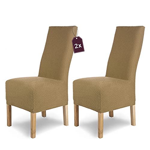SCHEFFLER-Home Stuhlhussen Stretch Luna-Lang/Stuhlüberzug 2er Set Beige/elastische Flanell Stuhlabdeckungen/Stuhlhussen Schwingstühle/Spann-Bezug Stuhl Überwurf als eleganter Schonbezug von sh SCHEFFLER-HOME LIVE HOMESTYLE