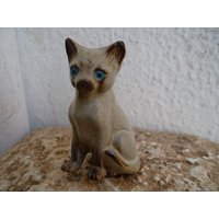 Vintage, Ton, Glasierte Keramik, Blauäugige Katzenfigur, Regal Ornament von shabbyfrenchstyle