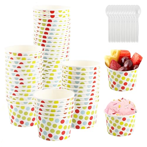 shallyong Eisbecher Pappe, 50 Stück Eisbecher Set mit 50 Stück Löffel, Pappbecher Bunt, Pappbecher Dot, Dessertbecher, Pappschalen, für EIS, Dessert, Gefrorenen Joghurt von shallyong