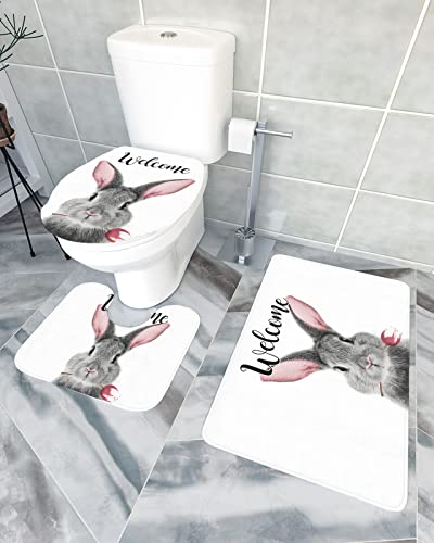 3 Stück Badematten Set Frühlings-Osterkaninchen Wilder Hase Willkommenstexte Bath Duschmatten Soft U-Förmiger Wc-Bodenmatte Maschinenwaschbar Wc Garnitur Für Badezimmer, Dusche, Badewanne von shanxinanuozhengshangmaoyouxiangongsi