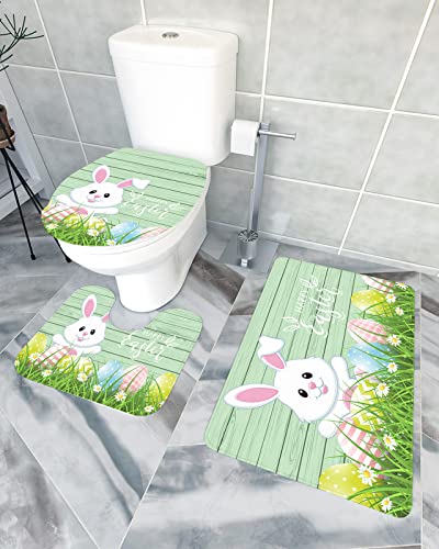 3 Stück Badgarnitur Bauernhof Ostern Cartoon Bunny Green Wood Board Badteppich Soft U-Förmige Pad rutschfeste Wc Garnitur Für Wc, Neben Der Badewanne, Bad von shanxinanuozhengshangmaoyouxiangongsi