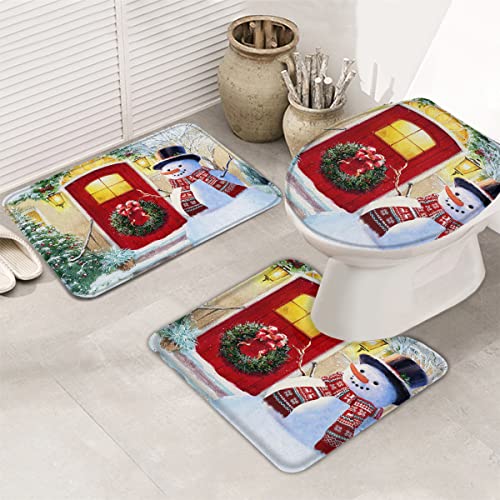 3-Teiliges Badteppich-Set Aquarell Winter Weihnachten Schneemann Badezimmer Teppiche Atmungsaktivem U-Förmige Pad Maschinenwaschbar Toilettenbezug Für Dusche, Neben Der Badewanne, Bad von shanxinanuozhengshangmaoyouxiangongsi