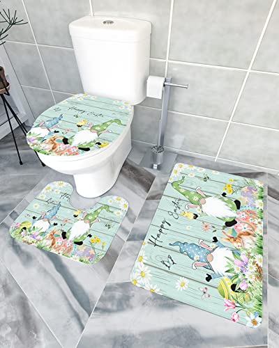 Badematte Set 3 Teilig Frohe Ostern Cartoon GNOME Elf Hase Und Eier Duschvorleger Maschinenwaschbar U-Förmige Pad Soft Wc Garnitur Für Wc, Dusche, Bad von shanxinanuozhengshangmaoyouxiangongsi