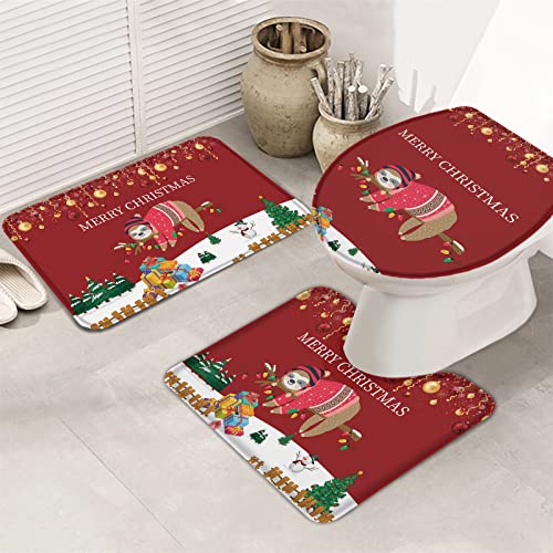 Badematten Set 3 Teilig Frohe Weihnachten Süßes Faultier Und Zweig Badezimmermatte Maschinenwaschbar U-Förmige Matte Mikrofaser Wc Cover Mat Für Badewanne, Neben Der Badewanne, Bad von shanxinanuozhengshangmaoyouxiangongsi