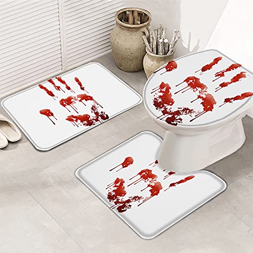 Badematten Set 3 Teilig Furchtsamer Halloween-Roter Blutiger Handabdruck Badvorleger Atmungsaktivem U-Förmiger Wc-Vorleger rutschfeste Wc Cover Mat Für Neben Der Badewanne, Badezimmer, Bad von shanxinanuozhengshangmaoyouxiangongsi