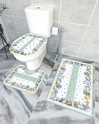 Badezimmer-Set Frühlings-Ostern-Bauernhof-Nette Häschen-Blume Wc Vorleger Schnelltrocknend U-Förmiger Wc-Bodenmatte Mikrofaser Wc-Deckelbezug Für Wc, Dusche, Badewanne von shanxinanuozhengshangmaoyouxiangongsi