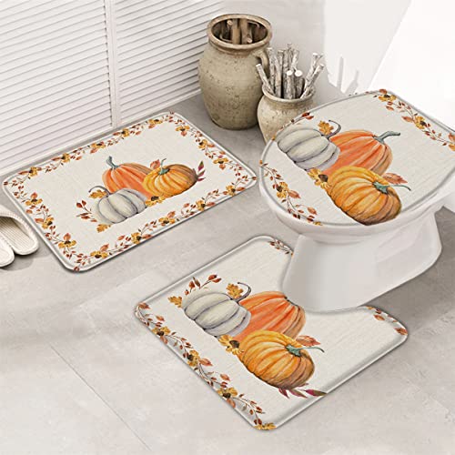 Badteppich-Set Erntedankfest-Kürbis Mit Herbst-Ahornblatt-Rahmen Wc Teppich Mikrofaser U-Förmiger Wc-Bodenmatte Schnelltrocknend Wc Garnitur Für Wc, Neben Der Badewanne, Badezimmer von shanxinanuozhengshangmaoyouxiangongsi
