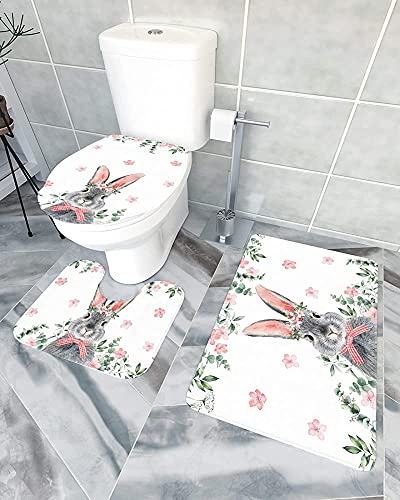 Toilettensitzbezug Combo Frühling Ostern Wild Bunny Boho Eukalyptusblatt Und Kaninchen Toilettenvorleger Mikrofaser U-Förmiger Wc-Bodenmatte Maschinenwaschbar Wc Cover Mat Für Dusche, Wc von shanxinanuozhengshangmaoyouxiangongsi